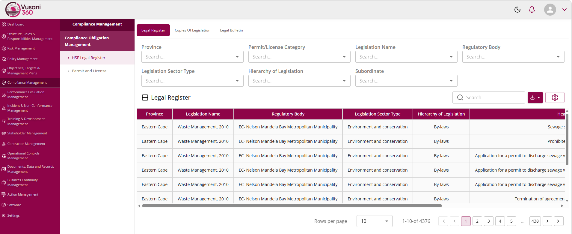 Compliance legal register screen