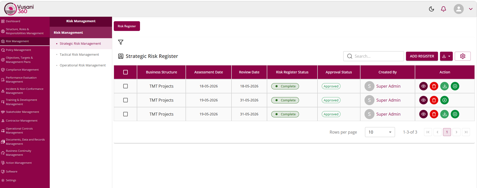Strategic risk register screen